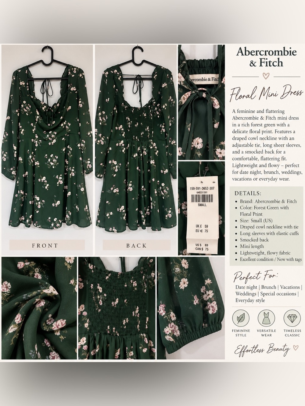 NWT Abercrombie & Fitch Green Floral Long Sleeve Mini Dress S